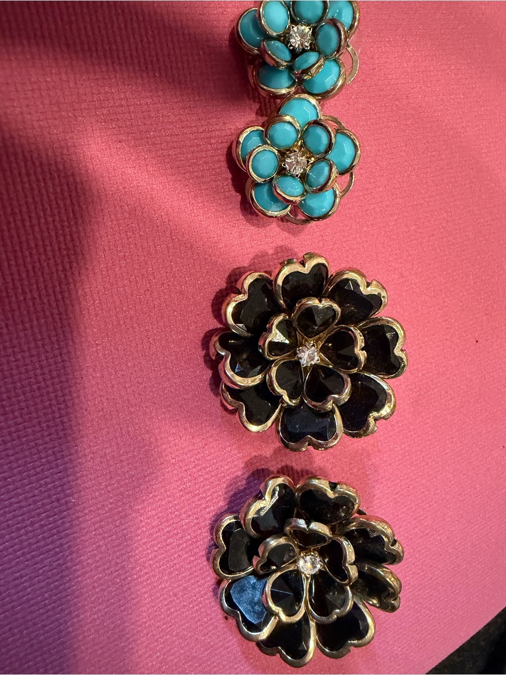 Gold-Edged Black Floral Drop Earrings with Turquoise Accents